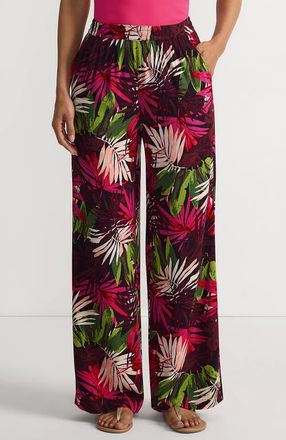 Lands End Rayon High Rise Wide Leg Pants - Set Bottom in Rich Burgundy Tropical Palm at Nordstrom, Size 14