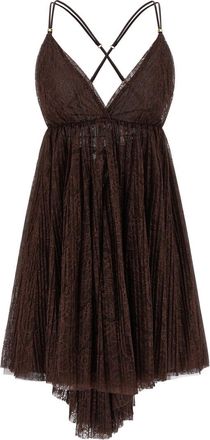 Elisabetta Franchi Brown V-Neck Lace Mini Dress