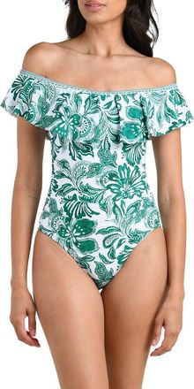 La Blanca Botanical Brocade Ruffle Off the Shoulder One-Piece Swimsuit in Jungle at Nordstrom, Size 16