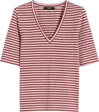 Max Mara Stretch Linnen Jersey V-Hals T-Shirt - Dames - T-shirts - Veelkleurig - S - Linnen - Tops