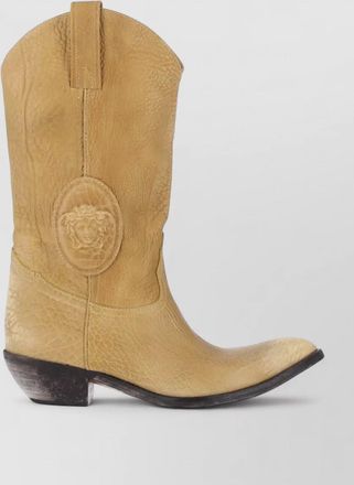Versace mid calf boots embossed detail pull tabs