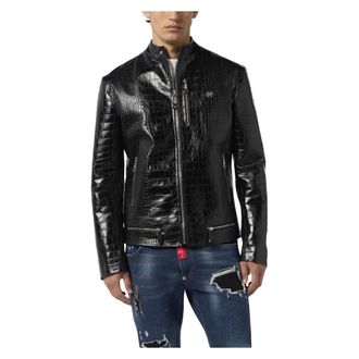 Philipp Plein Leather Moto Jacket Cocco - Heren - Leren en Su&egrave;de Jassen - Zwart - L - Leer - Jassen