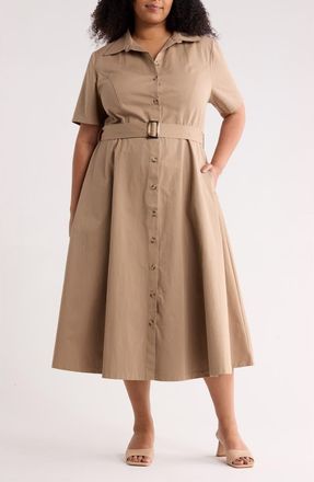 Flying Tomato Short Sleeve Cotton Maxi Shirtdress in Mocha at Nordstrom Rack, Size 3 X