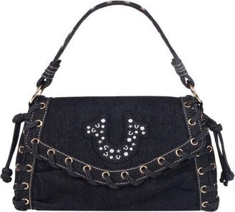 True Religion Studded Horseshoe Eyelet Denim Flap Bag in Black at Nordstrom