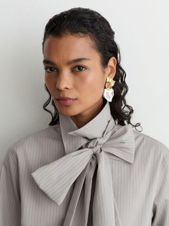 Reiss Womens Grey Cotton Striped Tie-neck Shirt, 10