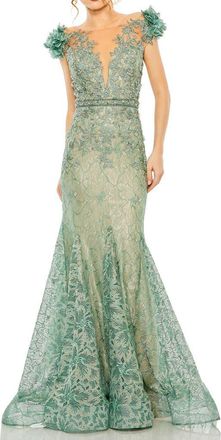 Mac Duggal Embroidered Illusion Appliqued Bodice Trumpet Gown in Sage at Nordstrom, Size 14