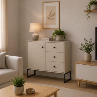 Dmora Aparador Leranoro, Alacena 3 Cajones, Un Estante, Apertura Abatible Y Corredera, 77x33x82h Cm Beige Cashmere
