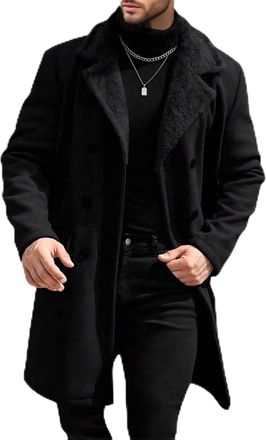 Generic Mens Winter Coat Long Overcoat Casual Jackets Notched Lapel Trench Coat Fuzzy Warm Double Breasted Pea Coat for Men Black Small