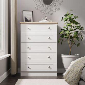 Welcome Furniture Tutbury Ready Assembled 5 Drawer Chest in White Ash & Bardolino Oak - Welcome Furniture | TJ Hughes