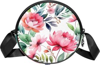 Generic Circle Crossbody Bag for Women, Floral Leaves Small Sling Bag Daypack with Zipper Adjustable Shoulder Straps Casual Ladies Girls Round Purse