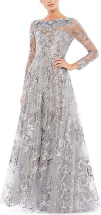 Mac Duggal Floral Embroidered Illusion Long Sleeve Gown