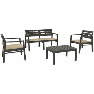 Progarden Salotto in resina effetto legno con poltrone divano tavolino con cuscini antracite Java