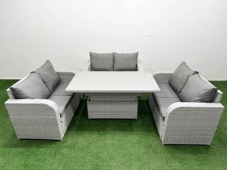 Fimous 6 Seater PE Wicker Rattan Furniture Sofa Sets with Adjustable Lifting Dining or Coffee Table 2 Seater Love Sofa Light Grey