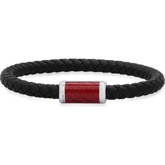 Steeltime Mens Stainless Steel Red Carbon Black Braided Leather Bracelet in Black-Red-Metallic at Nordstrom Rack