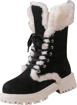 Generic Winter New Chunky Heel Warm Padded Straps Big Size Boots Warm Boot Insoles for Women (Black, 6.5)