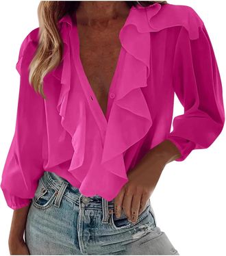 Generic Long Sleeve Chiffon Blouses for Women UK Ruffle V Neck Button Down Shirts Elegant Party Dressy Tops Solid Casual Office Tunic Shirts Puff Sleeve Holid