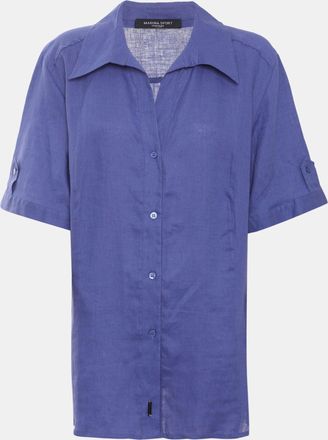 424 Marina Sport By Marina Rinaldi Navy Blue Linen Short Sleeve Shirt