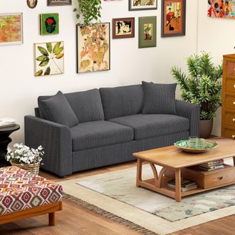 HOMCOM 212 cm Upholstered Jumbo Cord Sofa Couch with Spring Cushion, Grey | Size: 3 Seater
