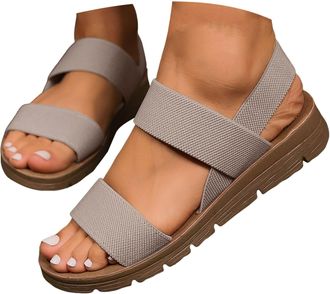 Generic Womens Casual Flat Slide Sandals Adjustable Elastic Strappy Double Bands Summer Flat Sandals Fashionable And Casual Hollow Solid Color Womens Sandal (