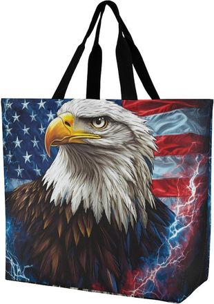 Generic Bald Ea-gles Thunder U.S. Flag Reusable Shopping Bags One Shoulder Grocery Tote Bag Waterproof Big Purse for Work Travel