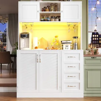 Merax Large Kitchen Pantry Cabinet with LED Coffee Station Wine Glass Holder in White