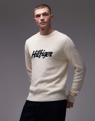 Tommy Hilfiger Maglione color crema con scritta grafica grande del logo in rilievo al centro-Bianco