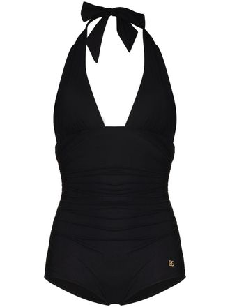 Dolce & Gabbana logo-plaque halterneck swimsuit - women - Elastane/Elastane/Polyamide/Polyamide - 3 - Black