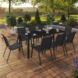 IDMarket Conjunto De Muebles De Jard&iacute;n Madrid Mesa 190 Cm Y 8 Sillas Apilables Negras