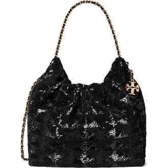 Tory Burch Mini Fleming Sequin Hobo Bag in Black at Nordstrom