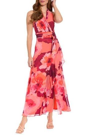 London Times Floral Halter Maxi Dress in Coral/Boysenberry at Nordstrom Rack, Size 16
