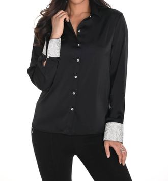 Frank Lyman Design Button-Down Top With Rhinestone Cuff In Black