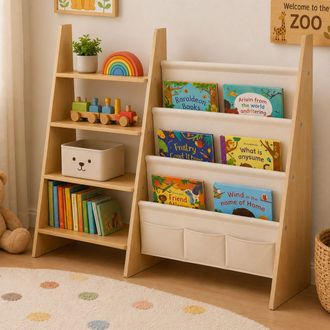 Relaxdays Relaxdays Estanter&iacute;a Infantil D&uacute;o, 5 Bolsillos De Tela, 4 Estantes Abiertos, Mdf, Blanco/natural, 75x92,5x23 Cm