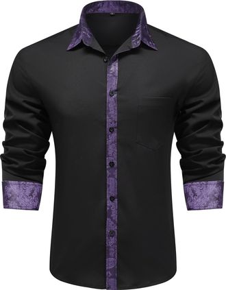 AlltheMen Mens Inner Contrast Shirt Long Sleeve Business Casual Shirt Regular Fit Button Down Wedding Party Black Purple XL