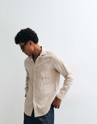 Polo Ralph Lauren Wimbledon Capsule - Camicia in lino color cuoio con tasca ricamata con stemma-Marrone