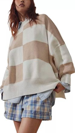 Free People Checker Easy Street Sweater In White Sand