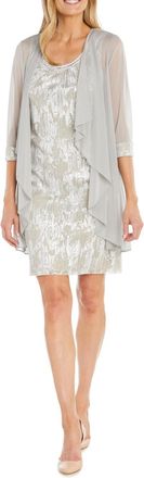 R & M Richards Two Piece Short Evening Jacket Dress In Champagne Silver