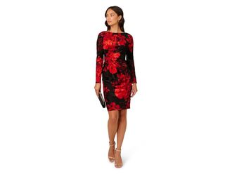 Adrianna Papell Burnout Velvet Sheath Dress Womens Dress Black/Red : 12, Elastane/Polyester/Velvet