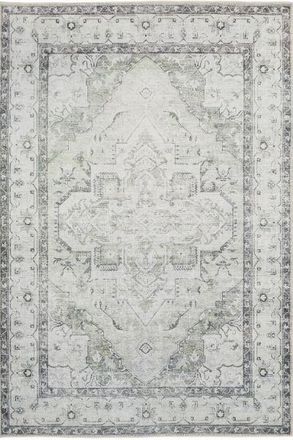 Kukoon Silver Grey Green Distressed Bordered Medallion Non Slip Washable Low Pile Rug | Size: 160 cm x 230 cm