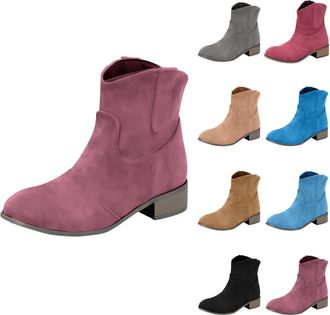 Generic Womens Cowboy Boots Wide Calf Womens Block Heel Boots Western Cowgirl Boot Fashion Country Booties Chunky Heel Mid Calf Bootie Solid Color Slip On Boo