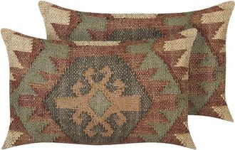 Beliani Set of 2 Scatter Cushions Multicolour Jute Cotton 30 x 50 cm Geometric Pattern Handmade Removable Cover with Filling ARVEN