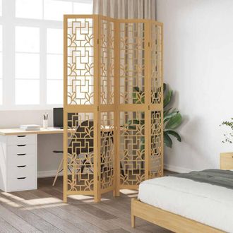 Berkfield Home Room Divider 4 Panels Brown Solid Wood Paulownia in Light Tan