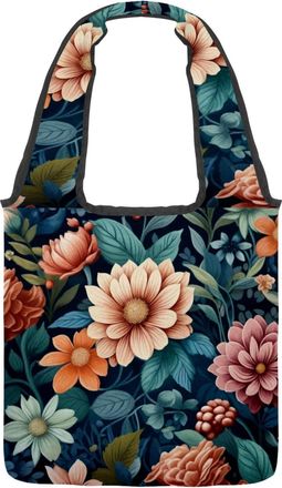 Generic Colorful Florals Reversible Canvas Shoulder Tote - Double-Sided Print, 12oz Cotton, 27cm Drop, Fold-Flat Bag for Travel, Shopping, Street Outings