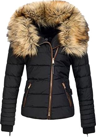 Generic Womens Warm Winter Coat Outerwear Short Winter Full Zip Thicken Puffer Jacket Quilted Parka with Faux Fur Collar, Black, XL