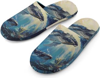 Generic Humpback Whale in The Ocean Warm Mens Slippers Slip On Soft Fleece House Shoes Winter Indoor Outdoor