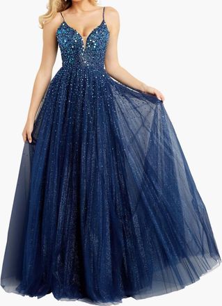 Jovani Spaghetti Straps Embellished Ballgown In Navy