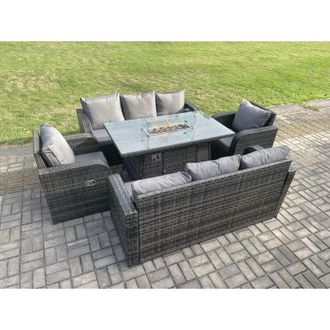 Fimous Rattan Outdoor Garden Furniture Sofa Set Gas Fire Pit Dining Table Gas Heater with 3 Seater Sofa Recling Chair 8 Seater Dark Grey Mixed - Fimous