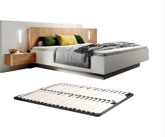 Vente-Unique Cama con mesas de noche 160 x 200 cm - 2 cajones - Con LEDs - Color: blanco y natural + Somier - FRANCOLI