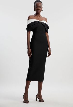 Karen Millen Womens Taffeta Bardot Figure Form Maxi Dress - Monochrome Multi - Size X-Small