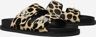 Tory Burch Womens Slider Sandals With Leopard Pattern Leather Slippers Flat Shoes