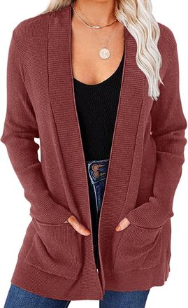 Merokeety Womens Fall Winter Cardigan Sweaters Lightweight Open Front Waffle Knit Sweaters with Pockets, Brickred, XL